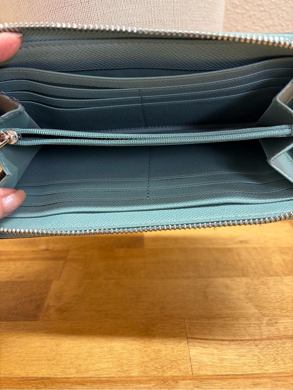 Coach Accordion Zip Wallet Crossgrain Leather Blue Teal Exterior Pocket 54007 - Picture 4 of 6